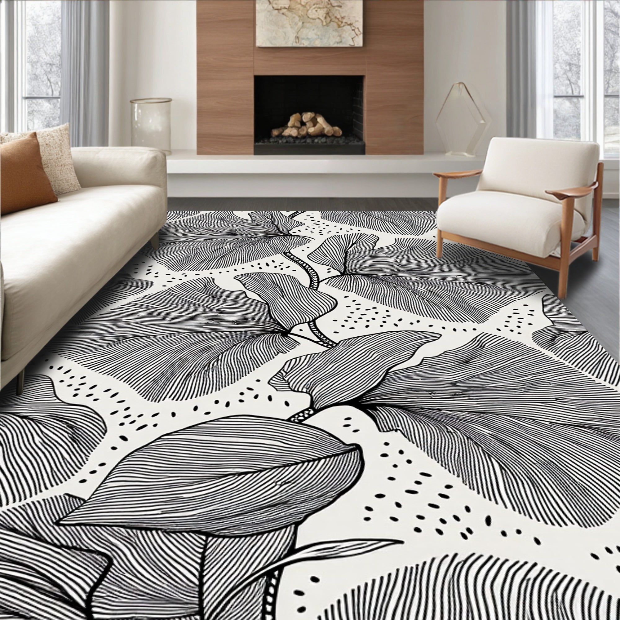 Botanical Leaf Line Art Pattern Design Rug