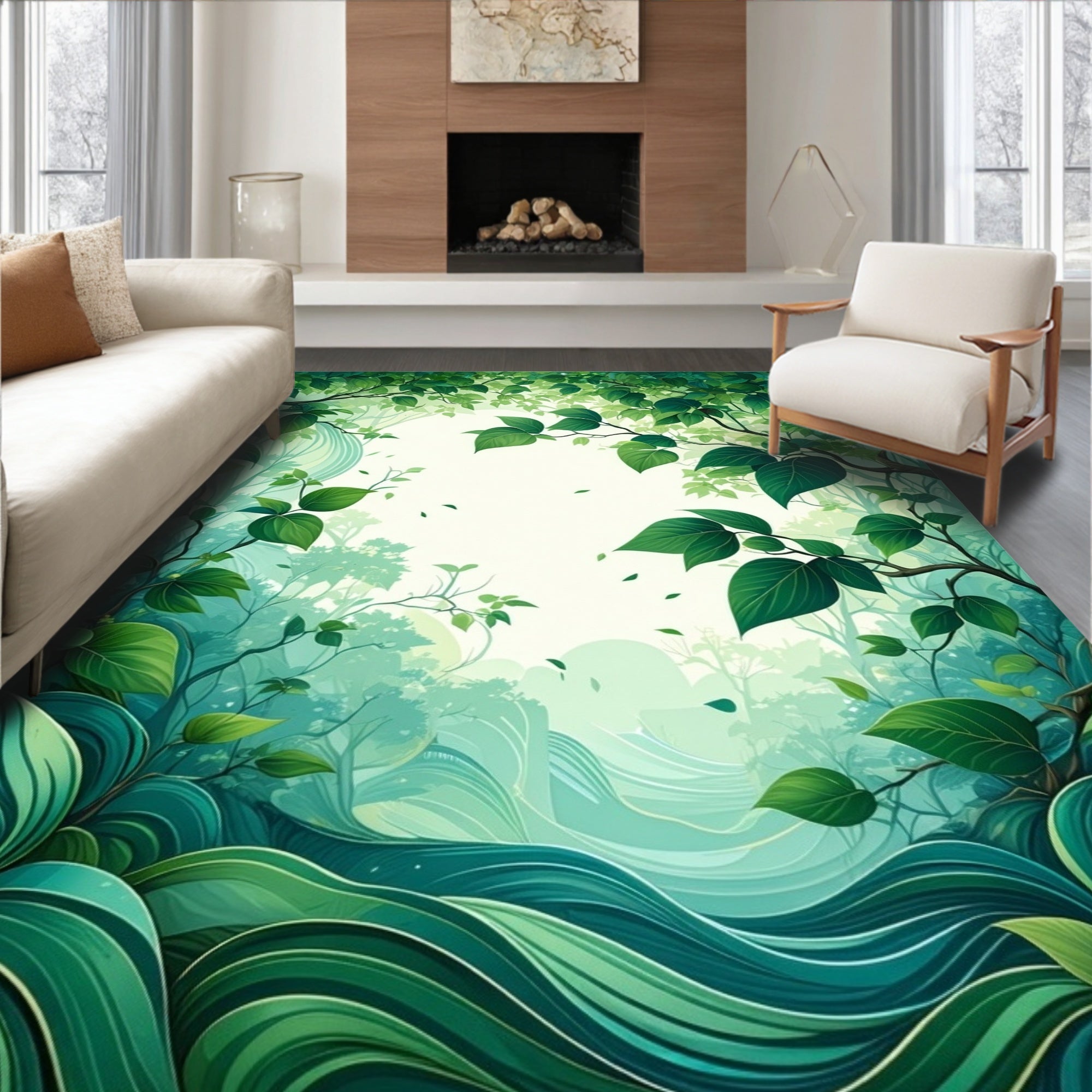 Lush Greenery Forest Wave Pattern Rug