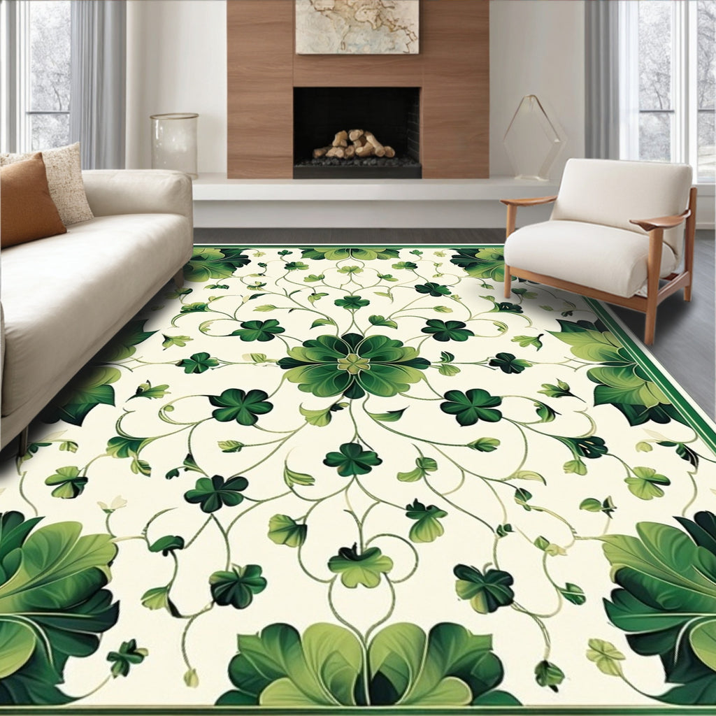 Intricate Green Floral Vine Print Rug