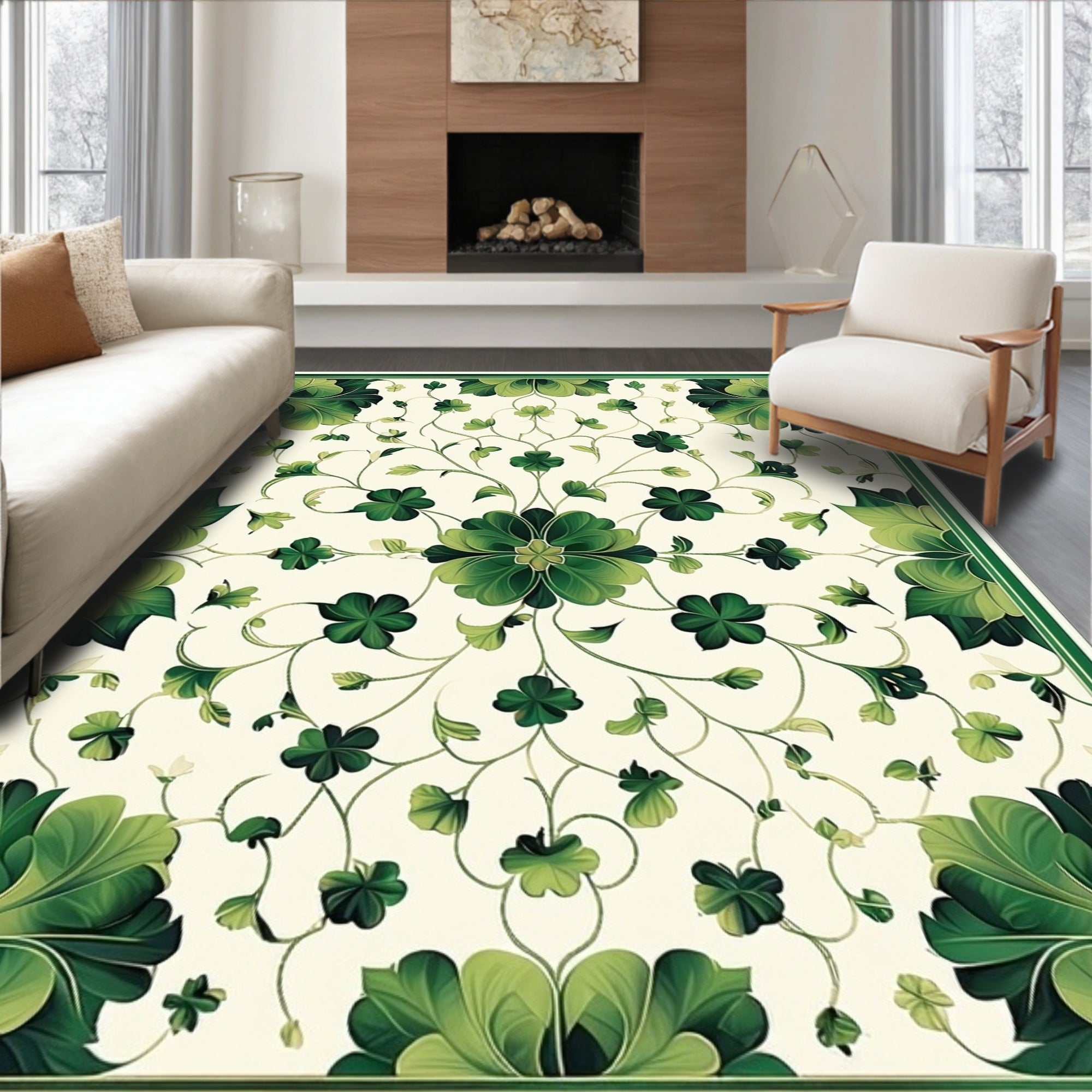 Intricate Green Floral Vine Print Rug