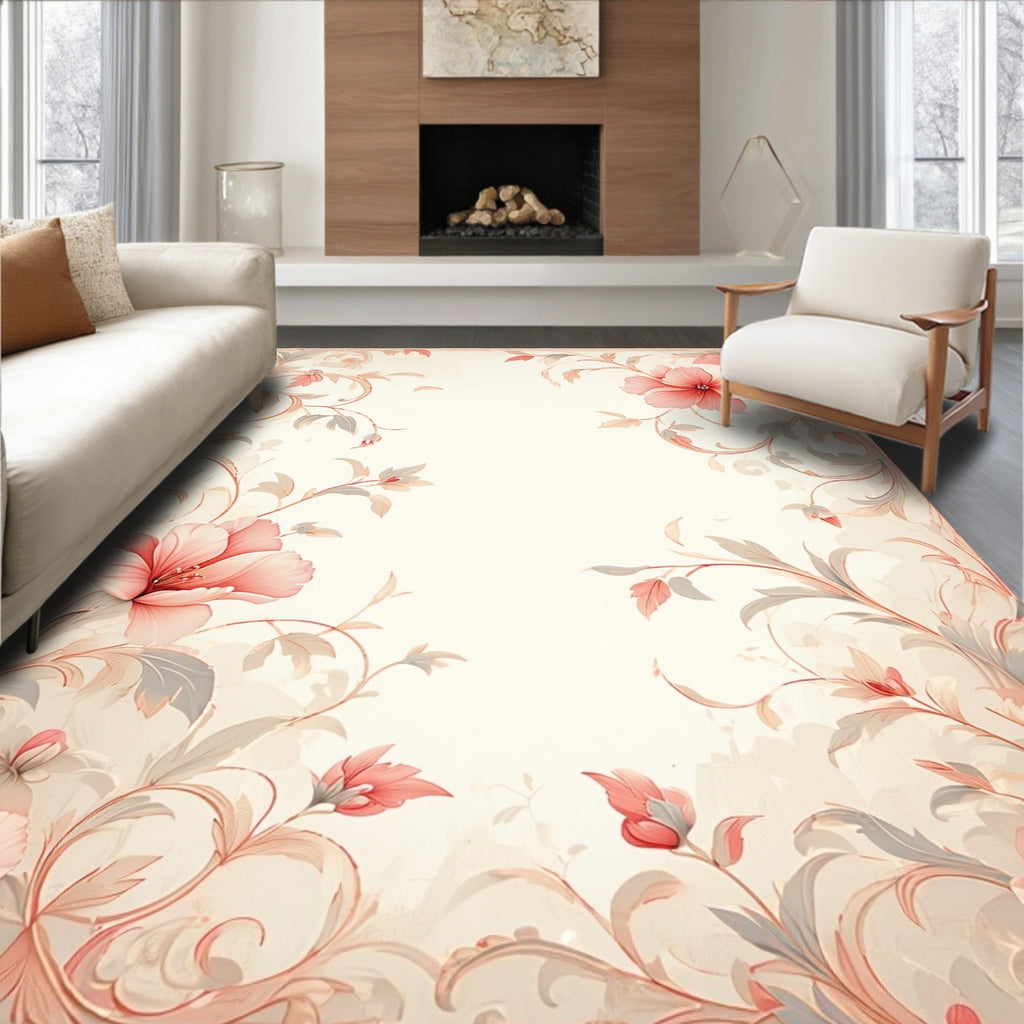 Soft Coral Floral Scroll Pattern Rug