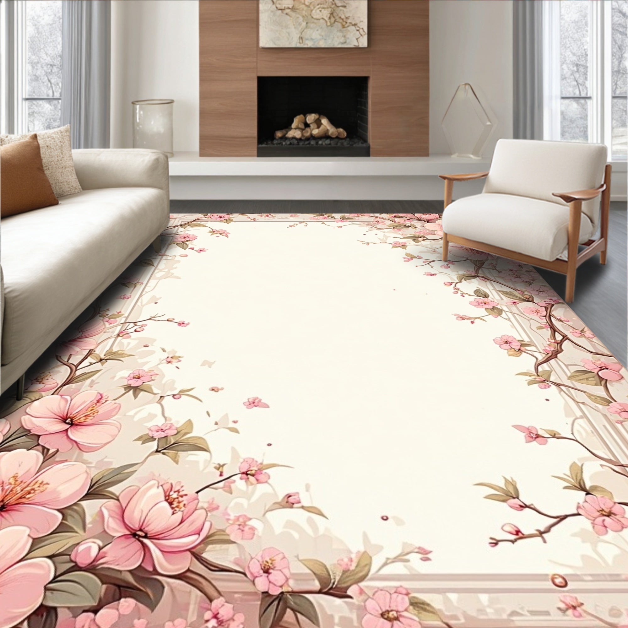 Pink Cherry Blossom Vine Pattern Rug