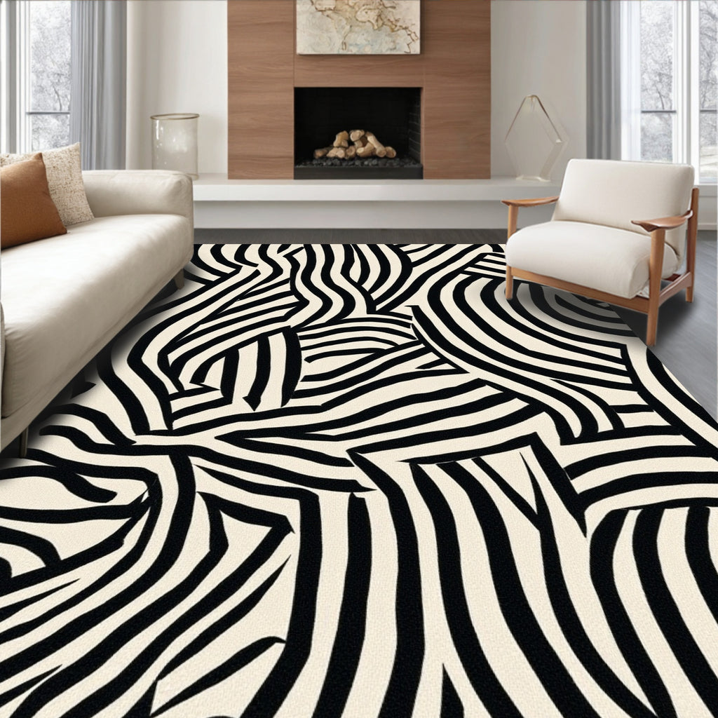 Abstract Black White Wave Pattern Rug
