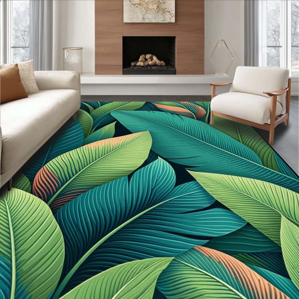 Tropical Leaf Pattern With Coral Accents Rug