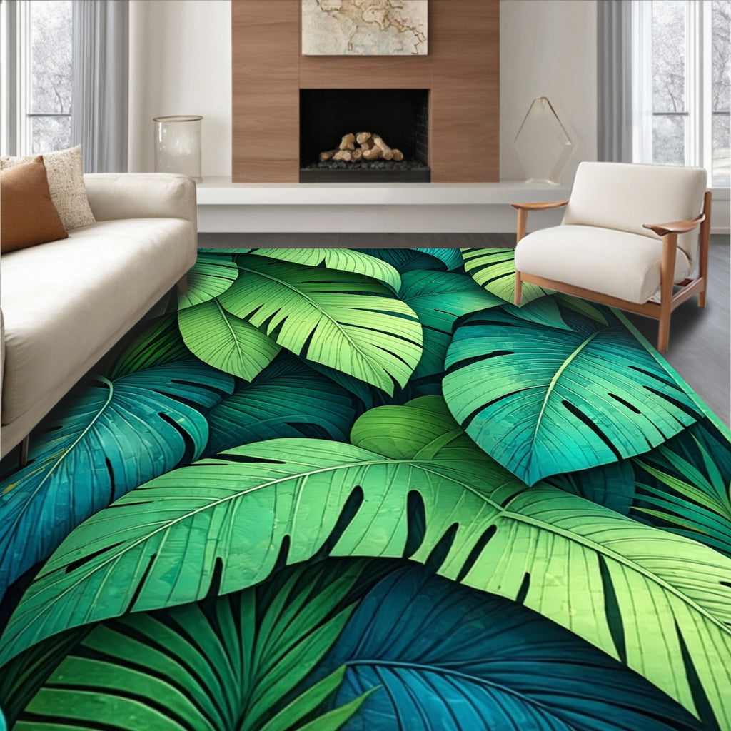 Green Tropical Leaf Pattern Rug