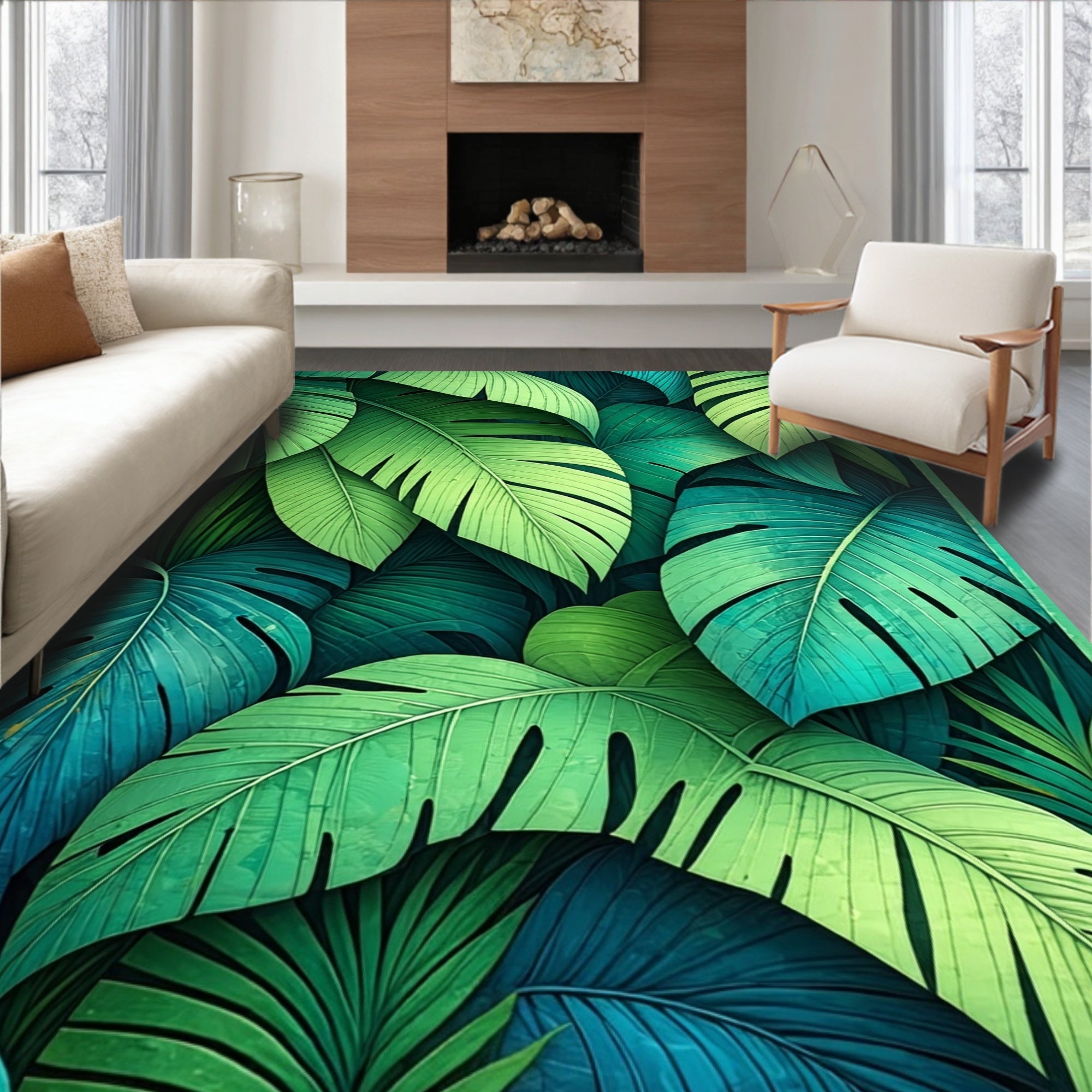 Green Tropical Leaf Pattern Rug