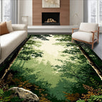 Misty Forest Scene Lush Greenery Pattern Rug