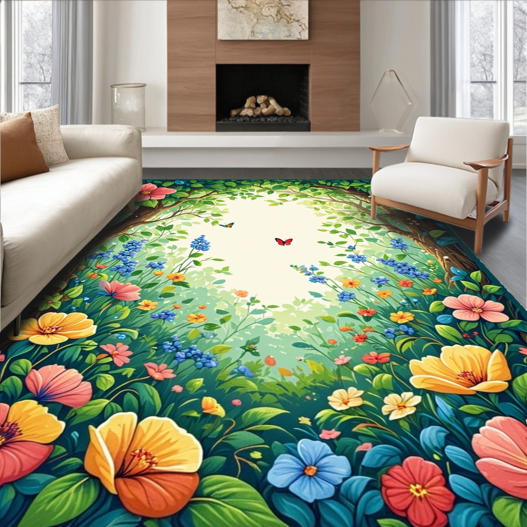 Whimsical Forest Floral Butterfly Rug