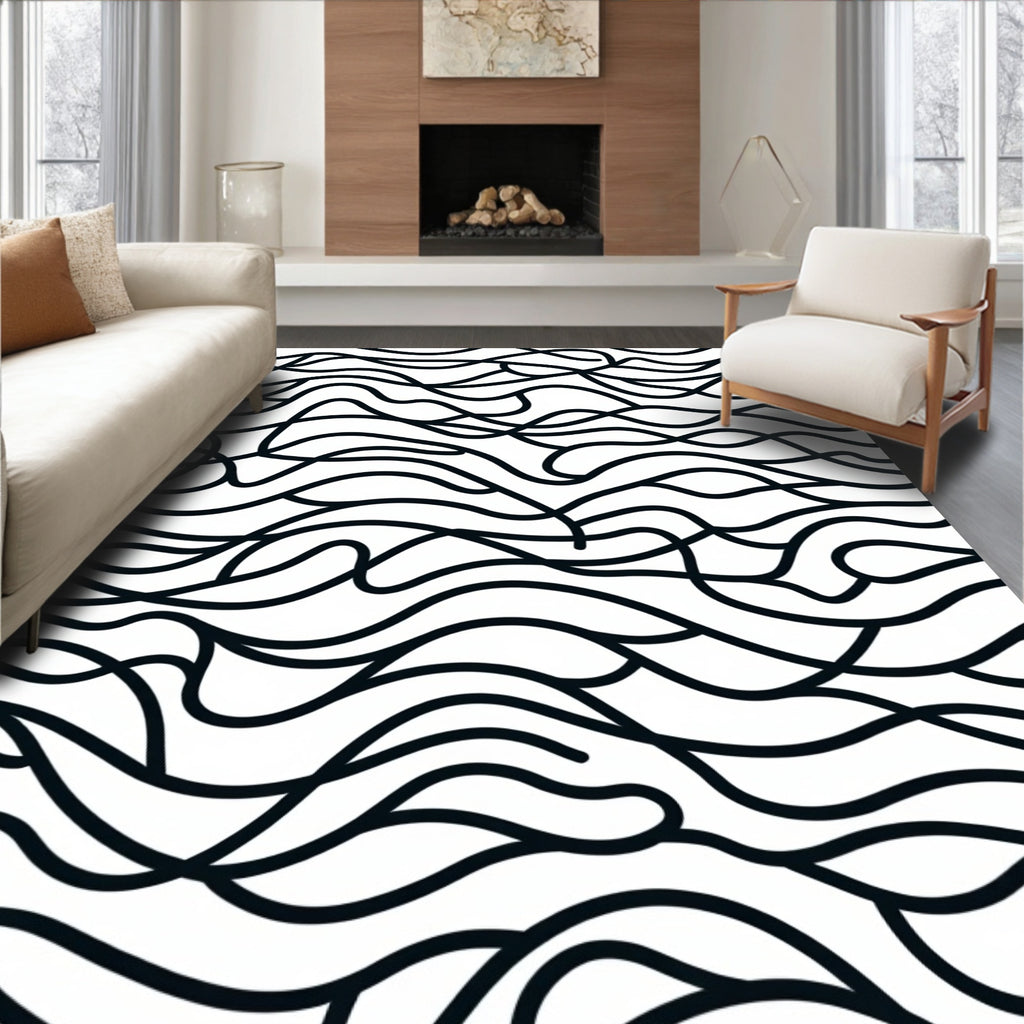 Black White Abstract Wavy Pattern Rug