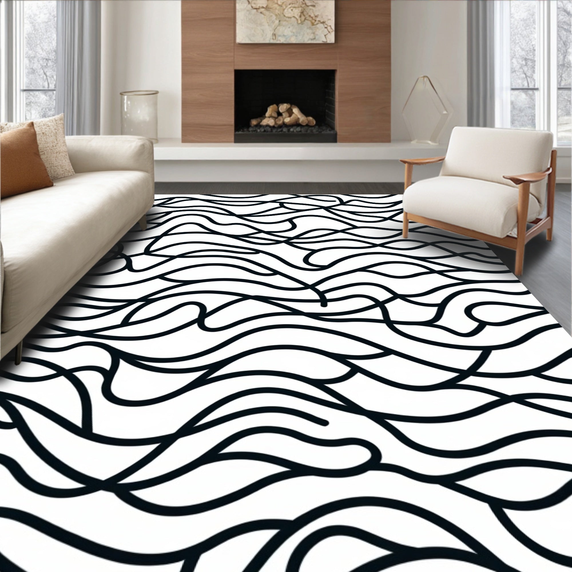 Black White Abstract Wavy Pattern Rug
