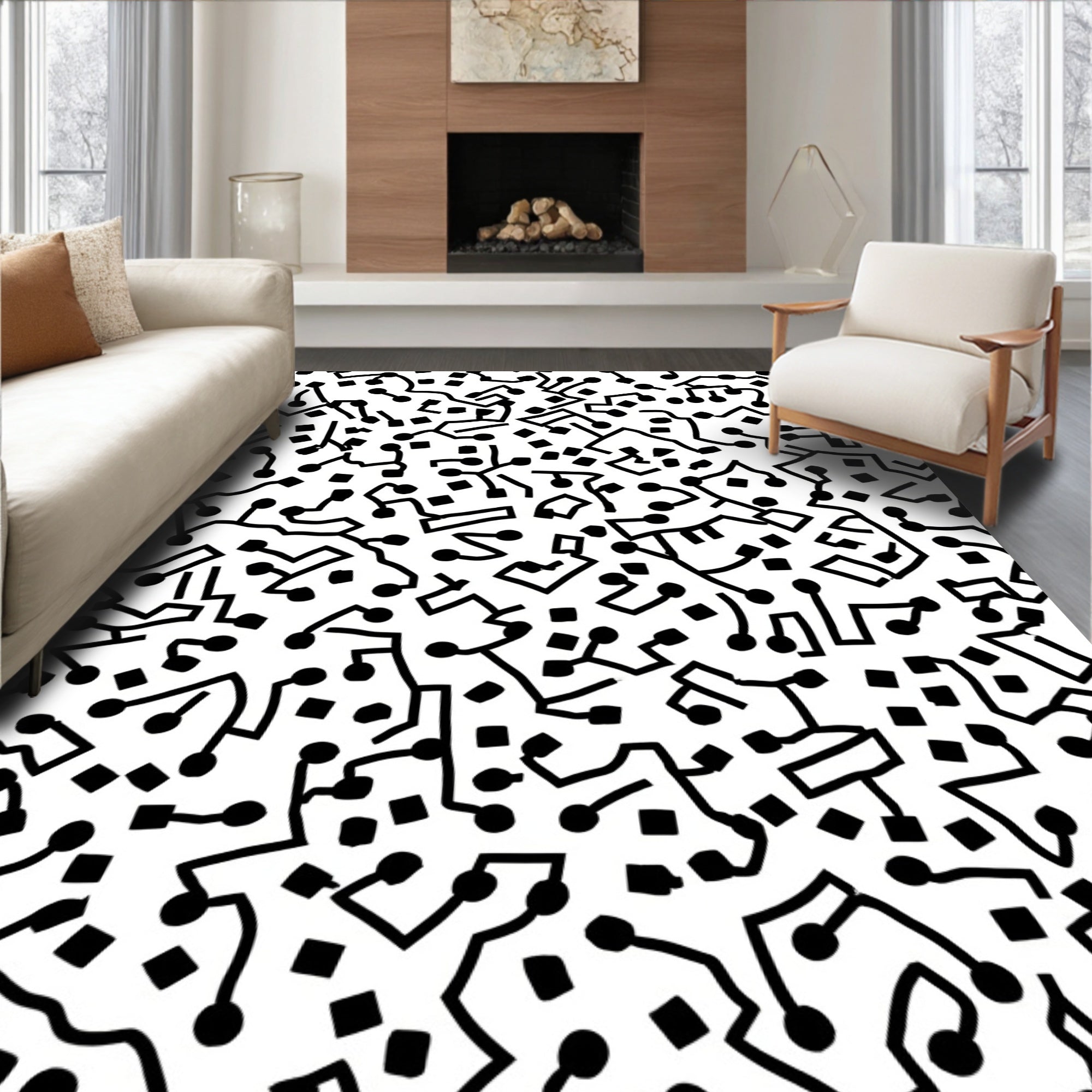 Abstract Black Dots Lines Pattern Rug