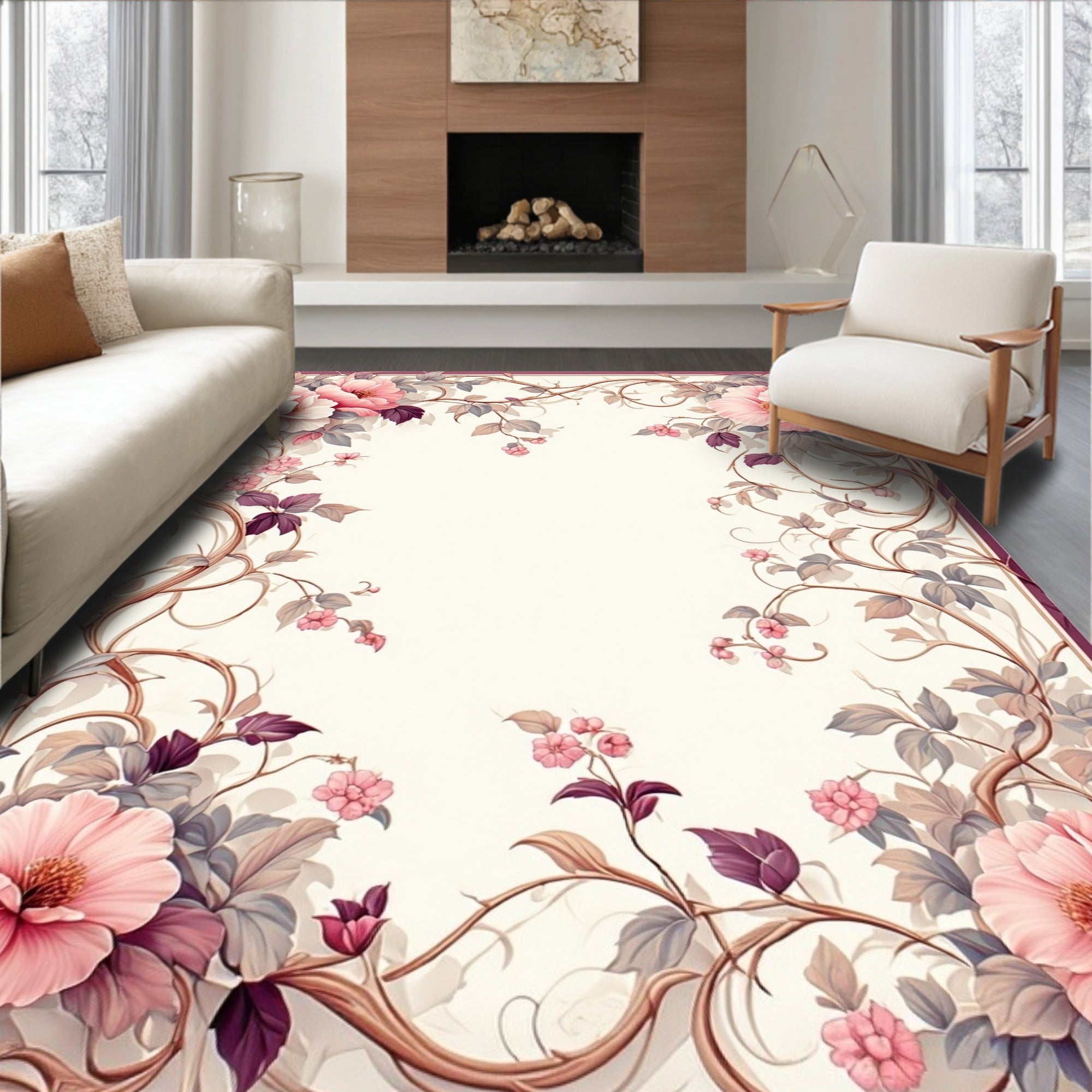 Pink Floral Vines Vintage Pattern Rug