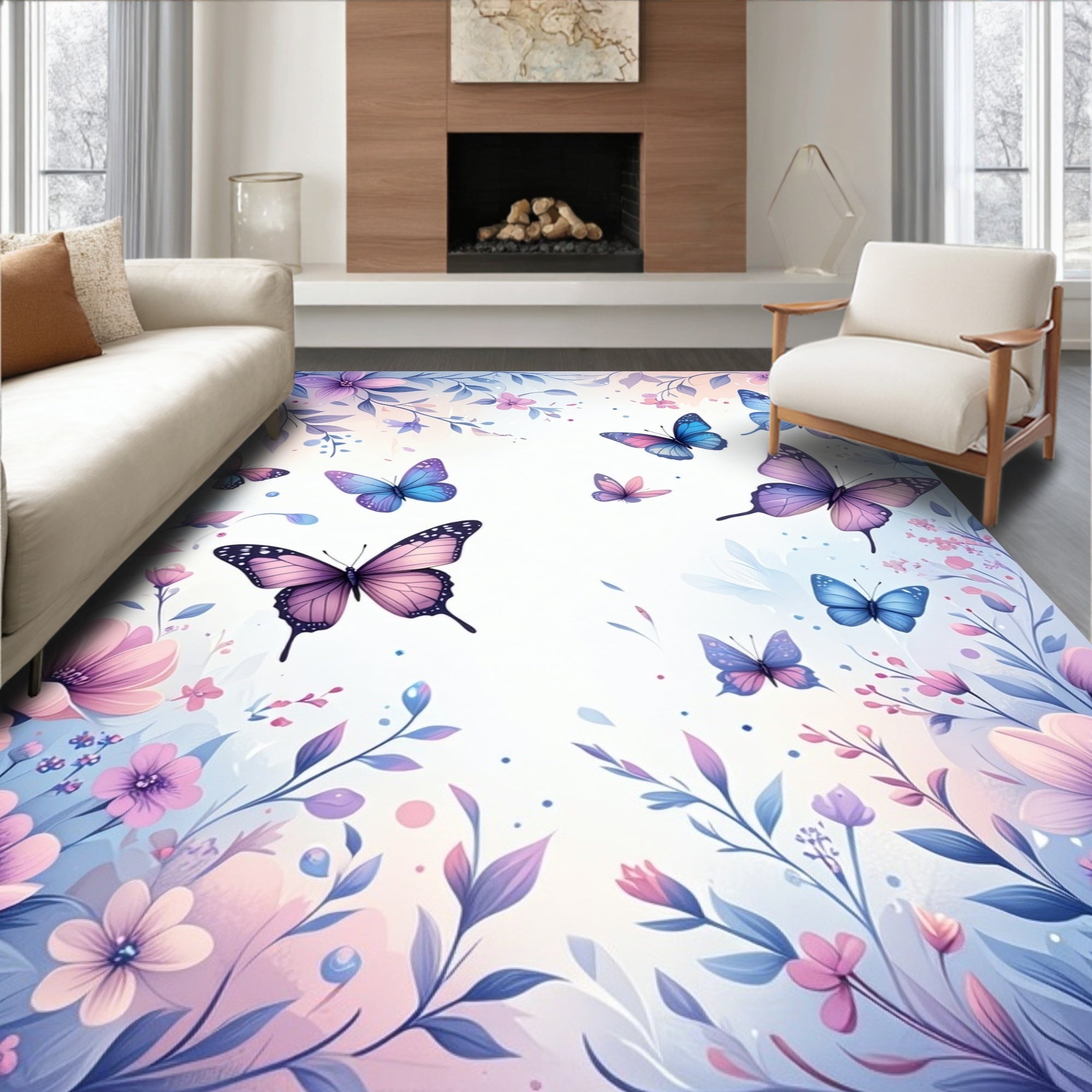 Whimsical Butterfly Floral Garden Rug
