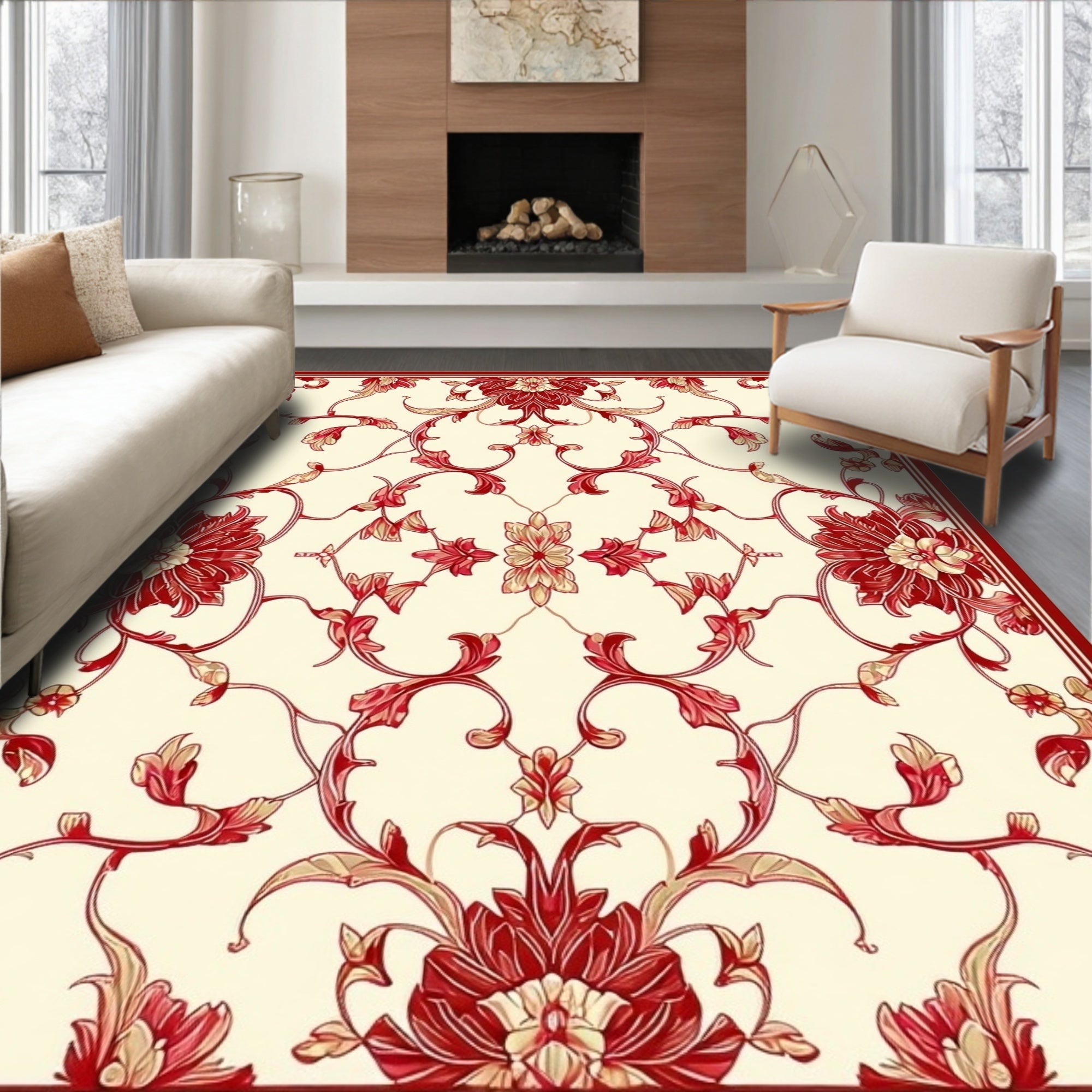 Elegant Red Floral Swirl Pattern Rug