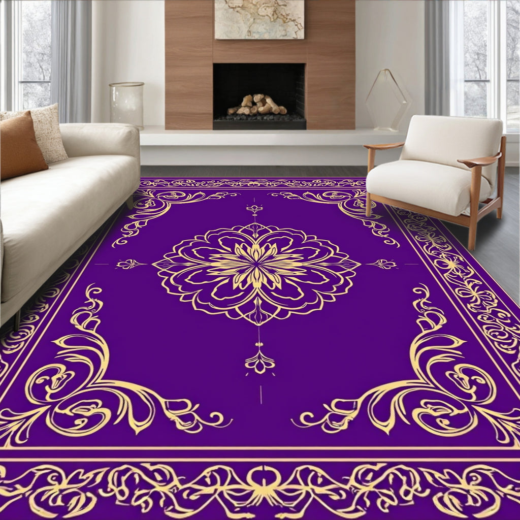 Regal Purple Golden Floral Design Rug