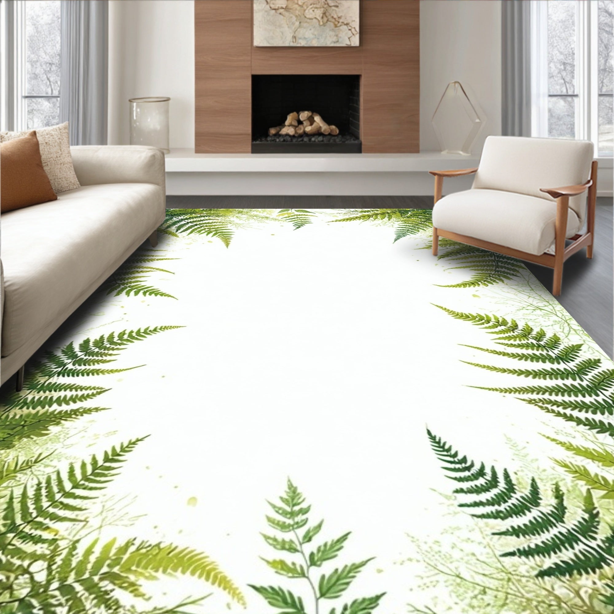 Lush Green Fern Forest Border Rug