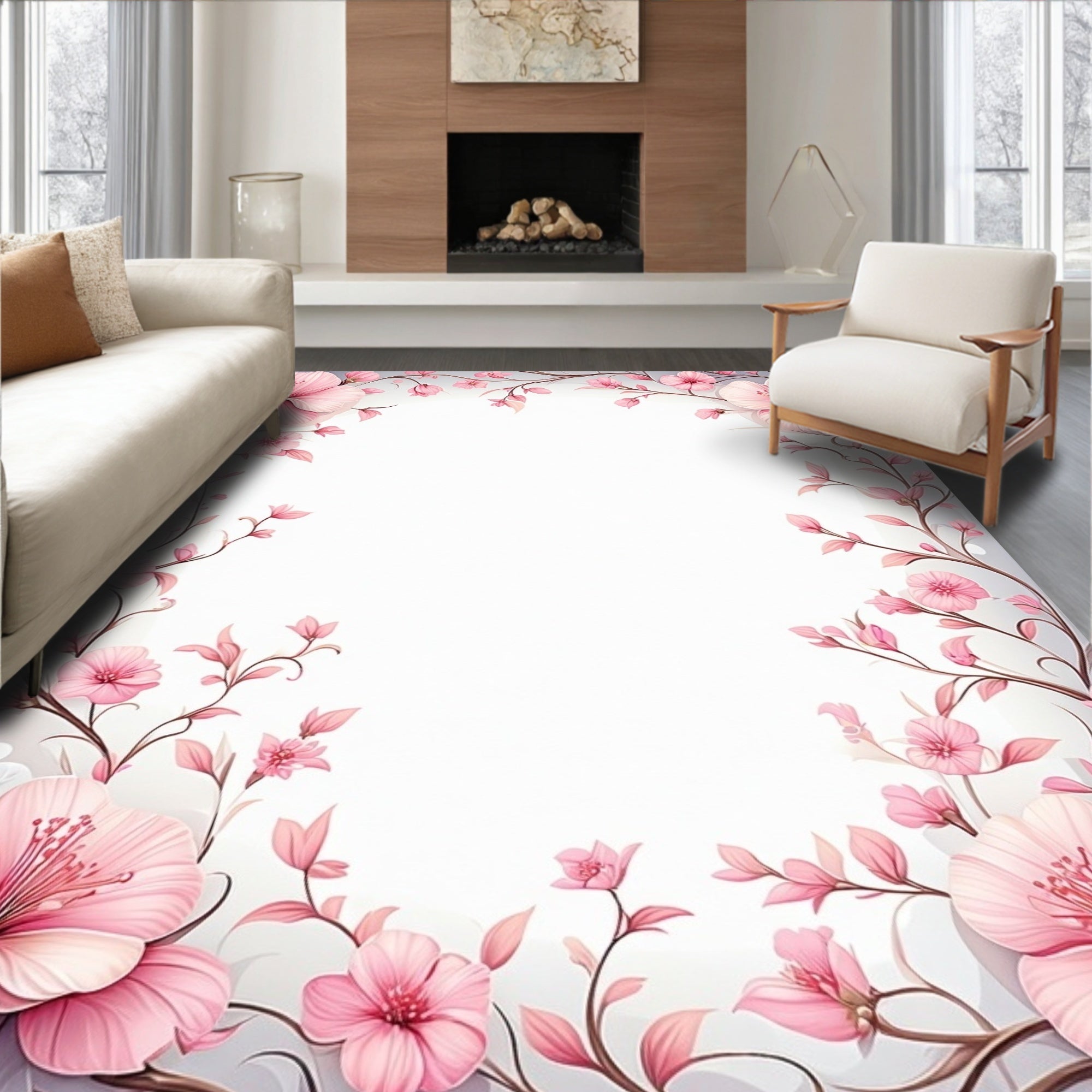 Pink Floral Vine Pattern Rug