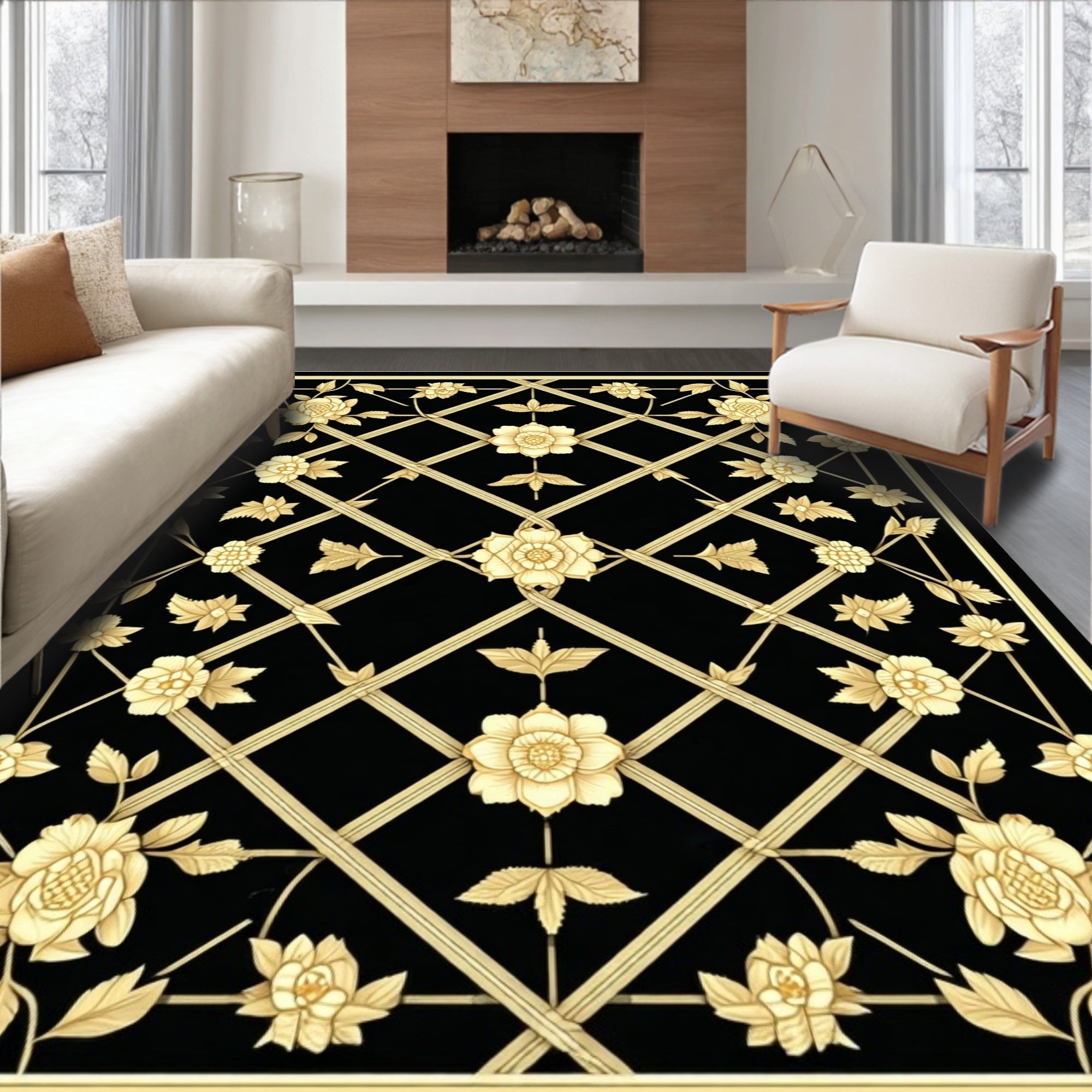 Classic Gold And Black Floral Lattice Rug