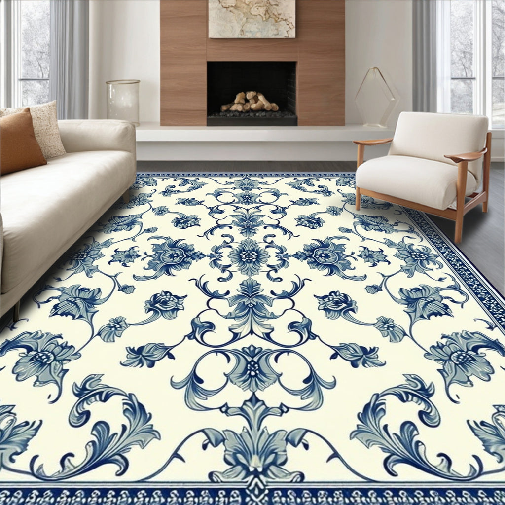 Blue White Floral Damask Pattern Rug