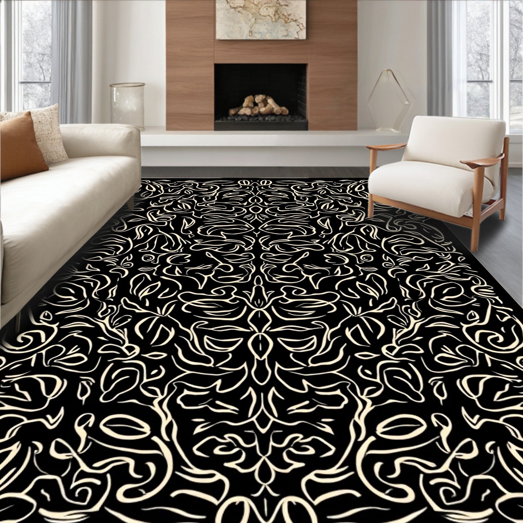 Abstract Light Cream Swirls Pattern Rug