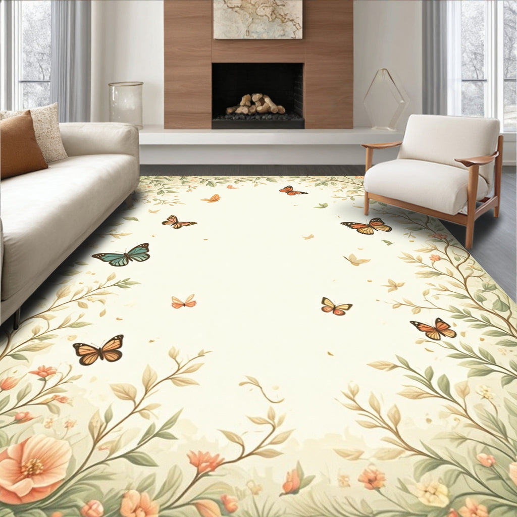 Whimsical Floral Butterfly Garden Design Rug