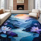 Serene Lotus Mountain Landscape Water Painting Rug
