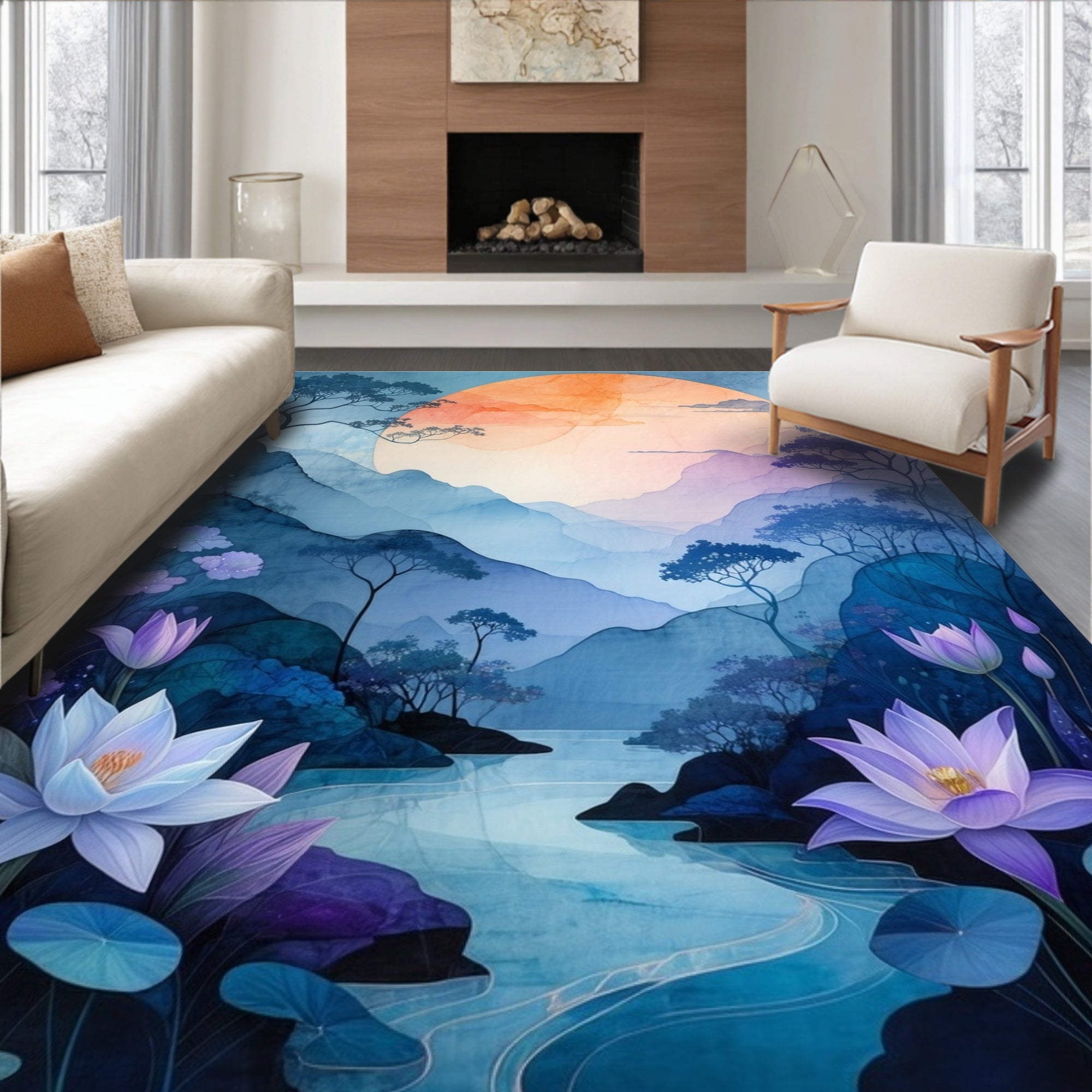 Serene Lotus Mountain Landscape Water Painting Rug