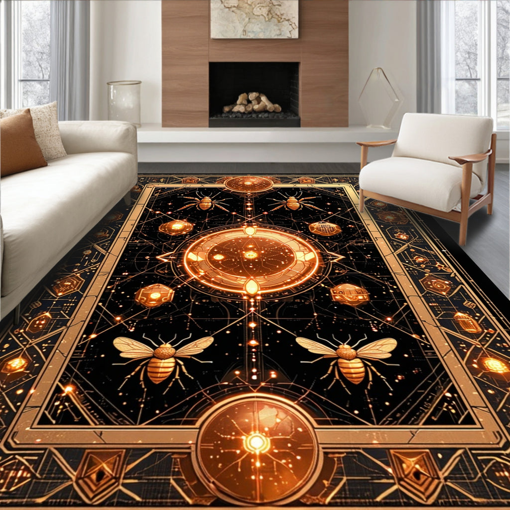 Abstract Geometric Gold Insect Pattern Rug
