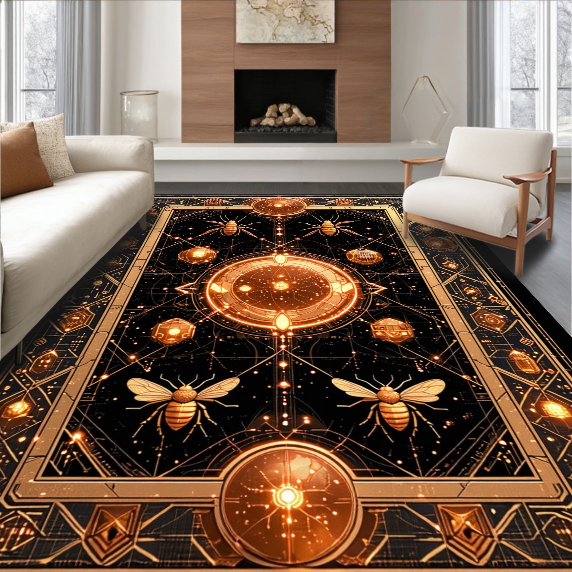 Abstract Geometric Gold Insect Pattern Rug