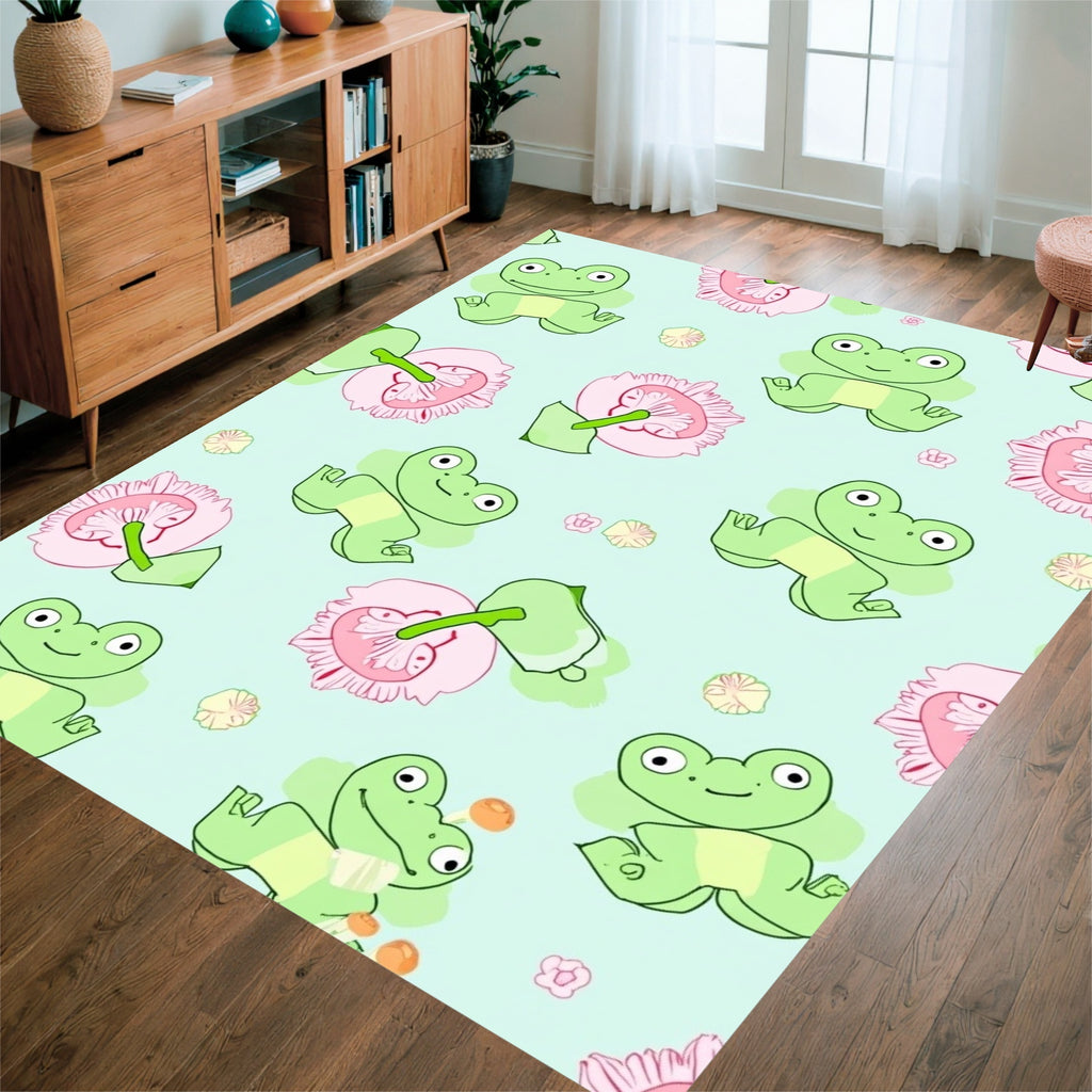 Cute Frogs and Flowers Pattern Rug
