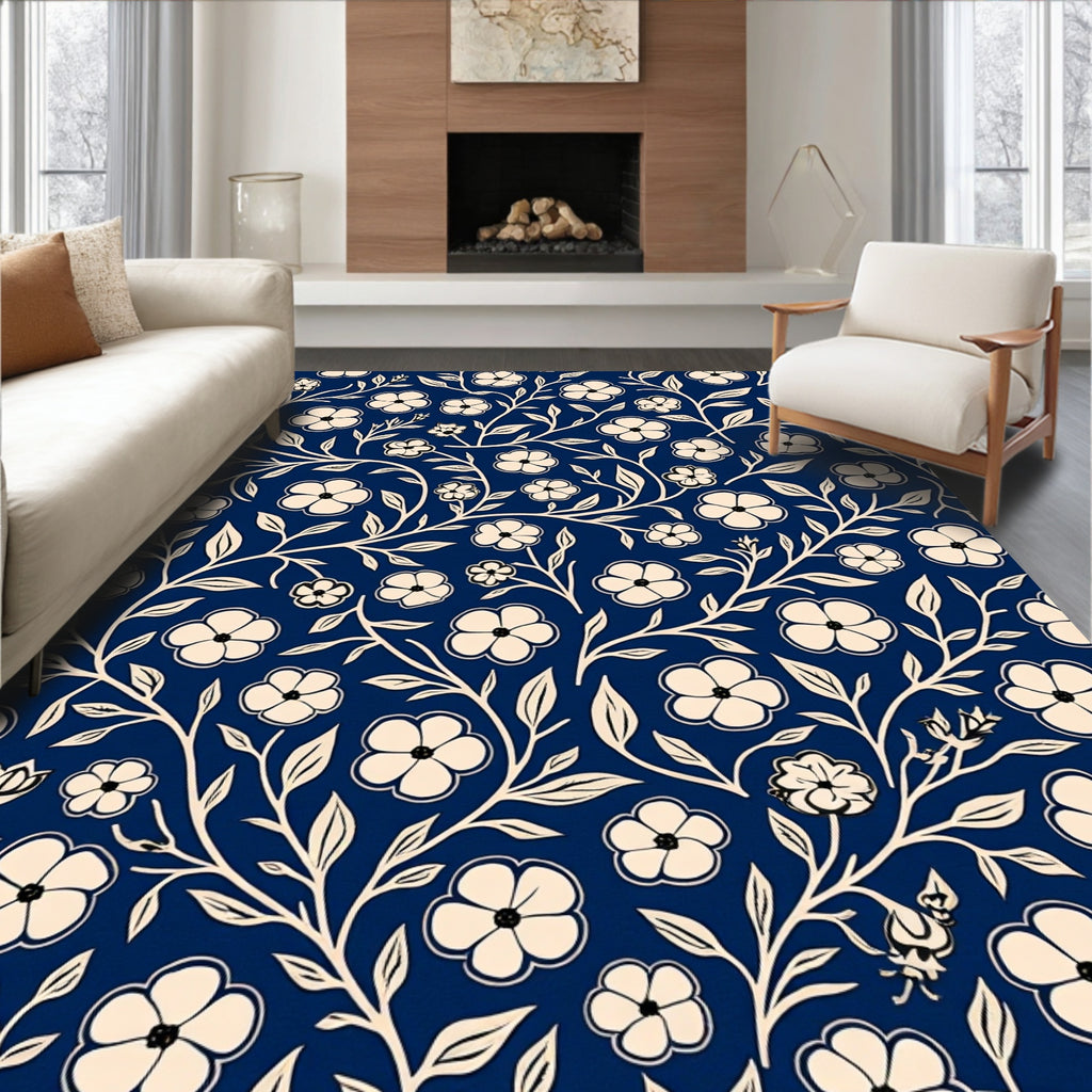Navy Blue Floral Vine Pattern Rug