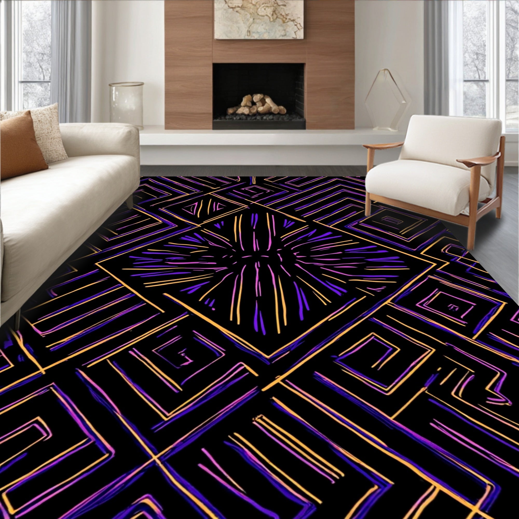 Modern Geometric Purple Orange Lines Rug