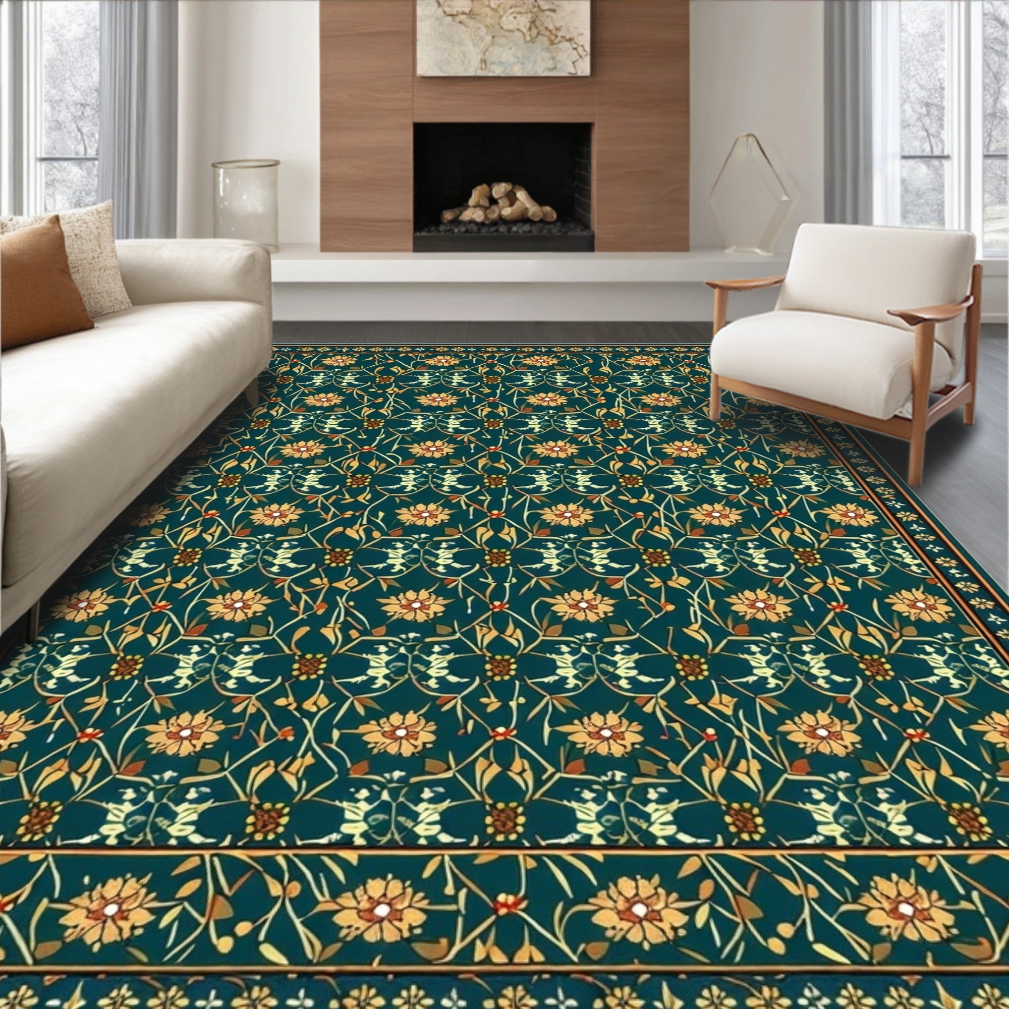 Teal Floral Art Nouveau Repeating Pattern Rug