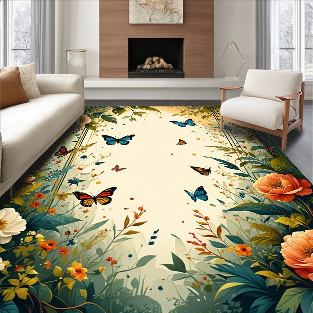 Enchanted Garden Butterflies Floral Design Rug