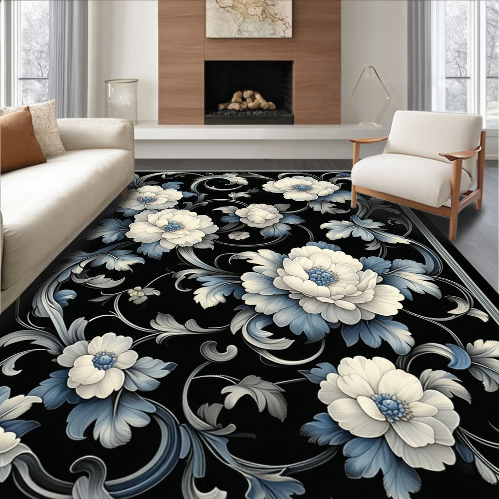 Classic Cream Blue Floral Scroll Design Rug