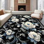 Classic Cream Blue Floral Scroll Design Rug