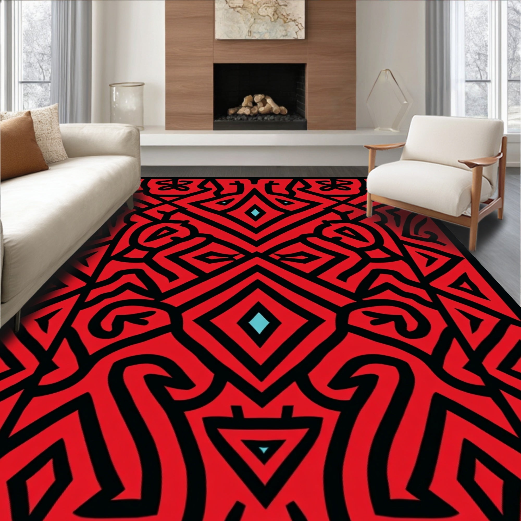 Bold Red Black Geometric Pattern Rug