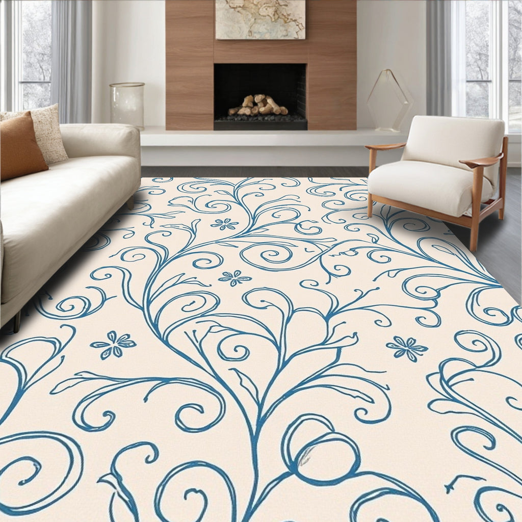 Classic Blue Swirl Floral Design Rug
