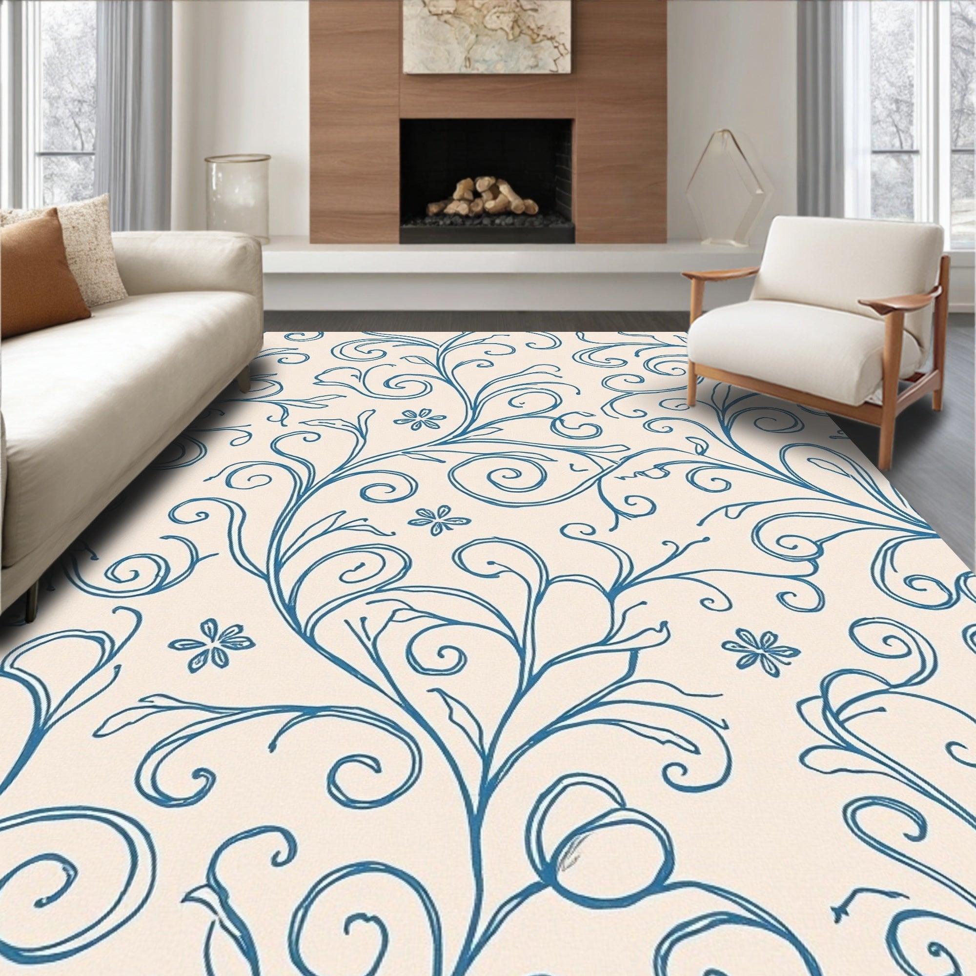 Classic Blue Swirl Floral Design Rug