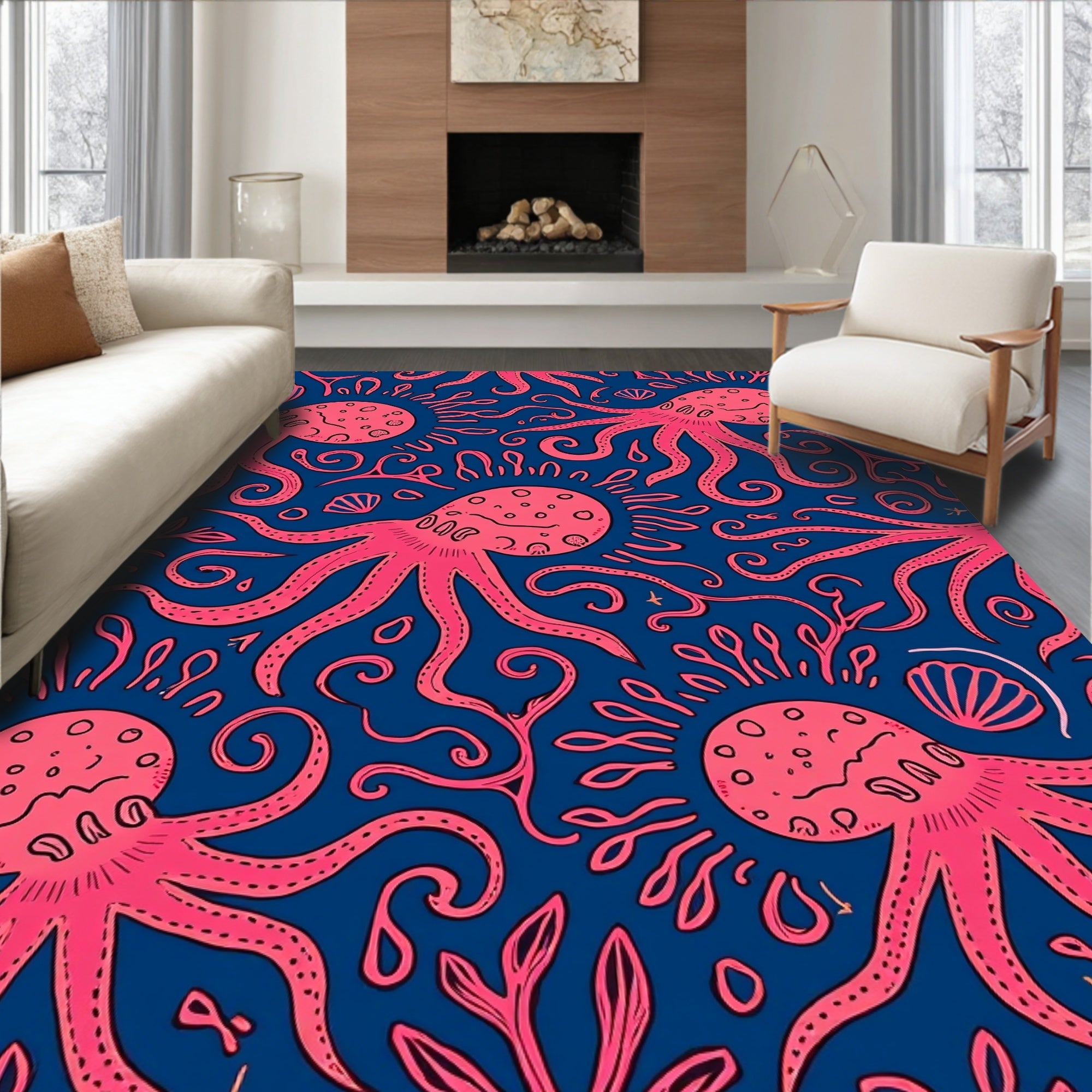 Pink Octopus Swirls Nautical Pattern Rug