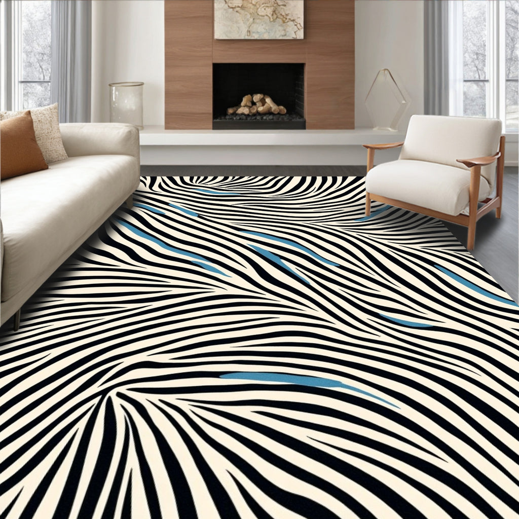 Wavy Black Cream Stripe Design Rug