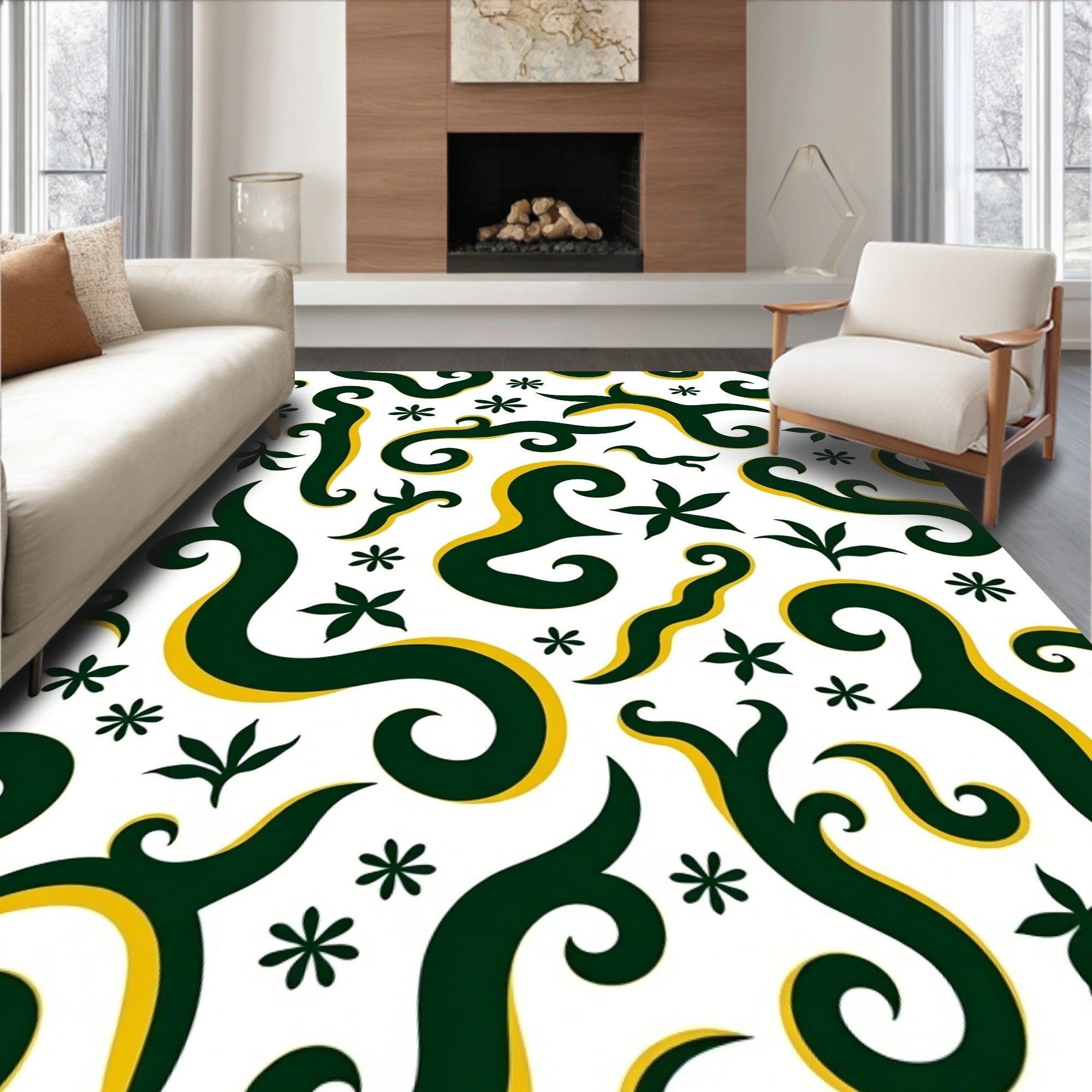 Green and Gold Swirl Floral Pattern Rug