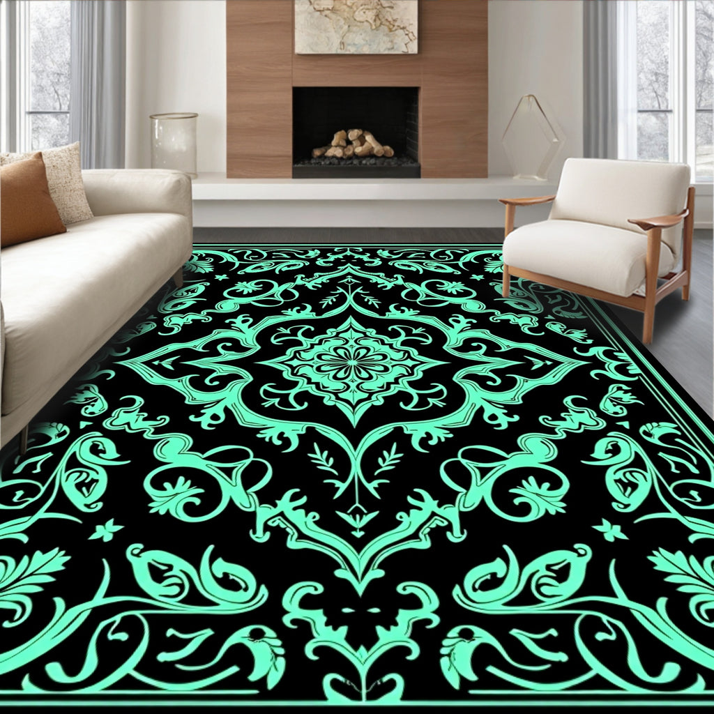 Aqua Floral Medallion Black Border Rug