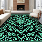 Aqua Floral Medallion Black Border Rug
