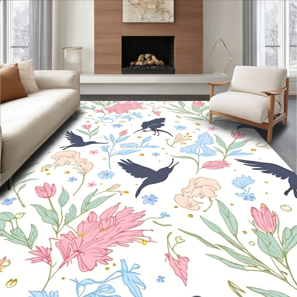 Floral Birds and Pastel Blossoms Pattern Rug