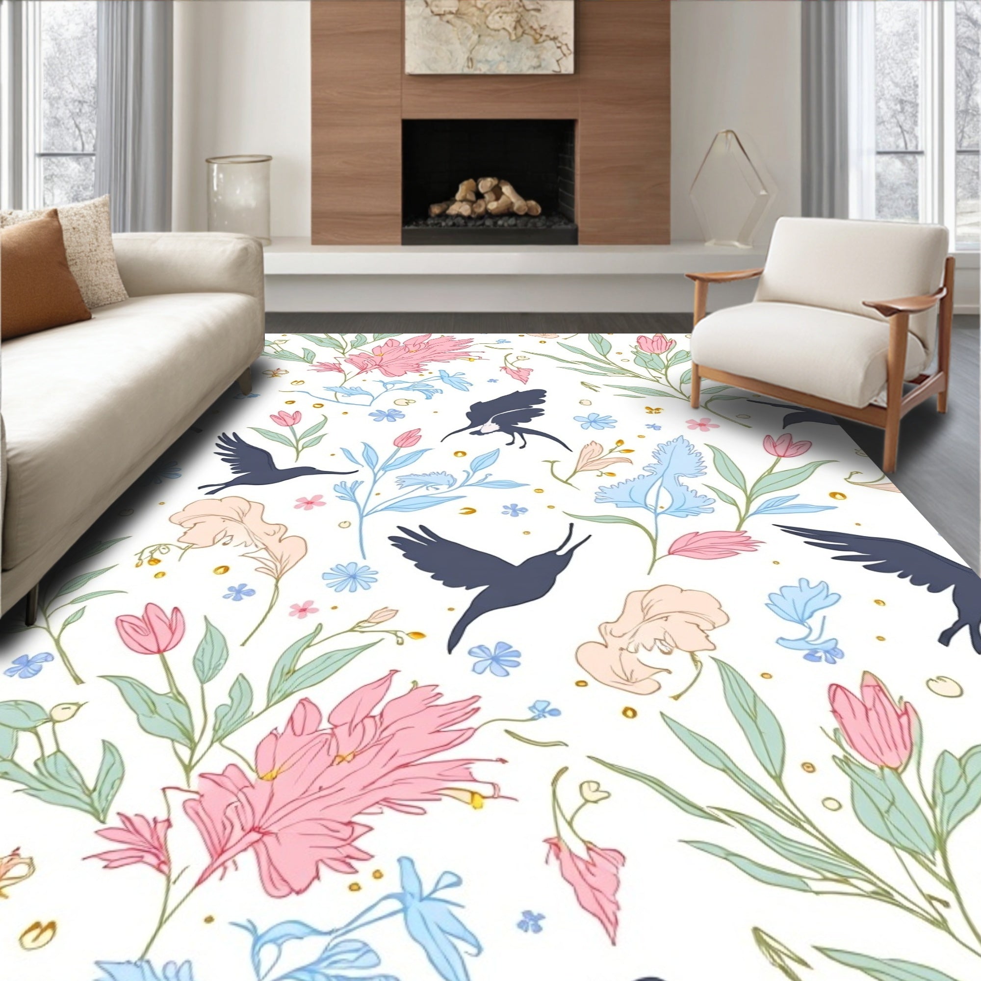 Floral Birds and Pastel Blossoms Pattern Rug