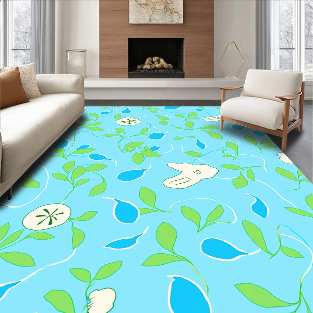 Whimsical Abstract Blue Green Leafy Pattern Rug