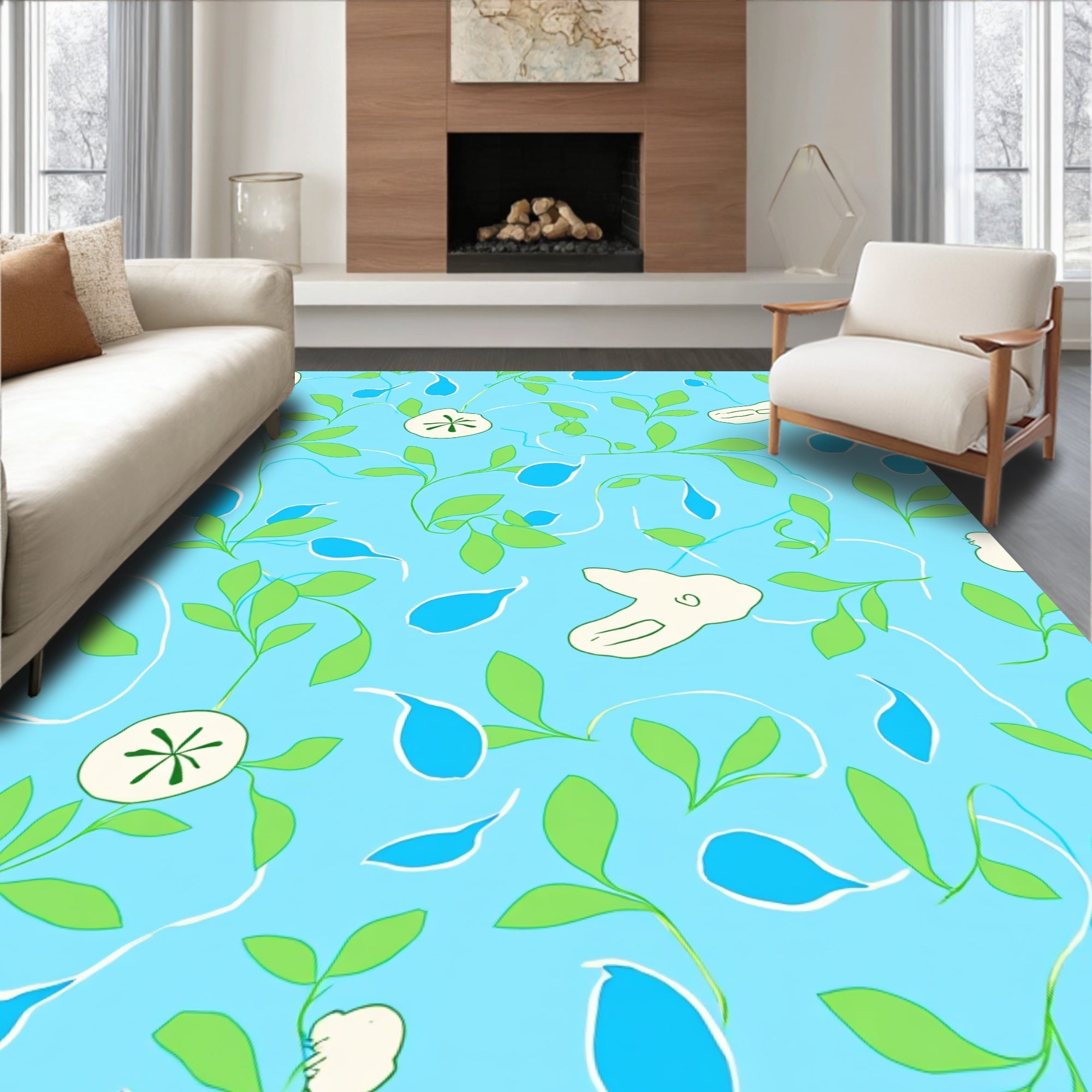 Whimsical Abstract Blue Green Leafy Pattern Rug