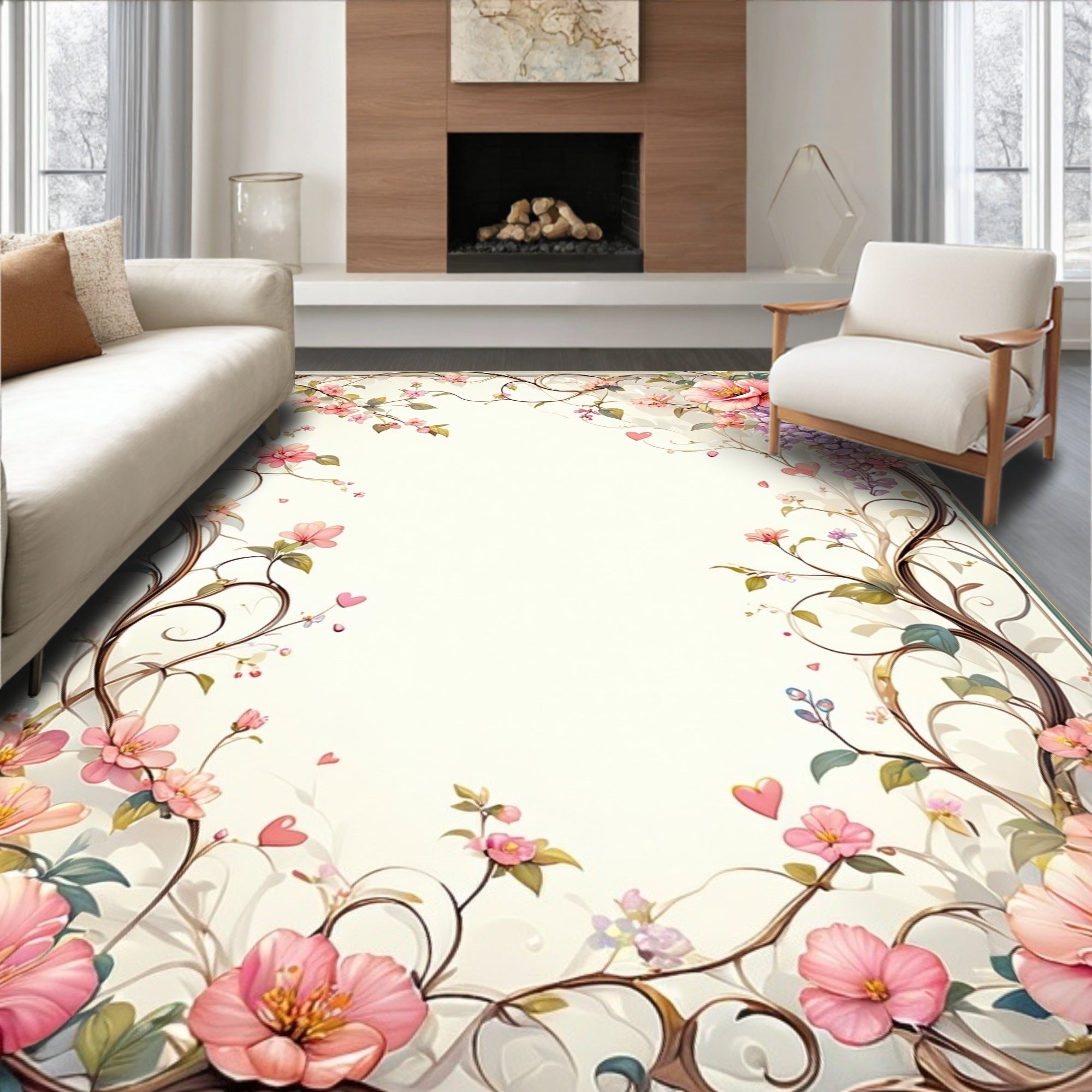 Romantic Floral Vine with Hearts Pattern Rug