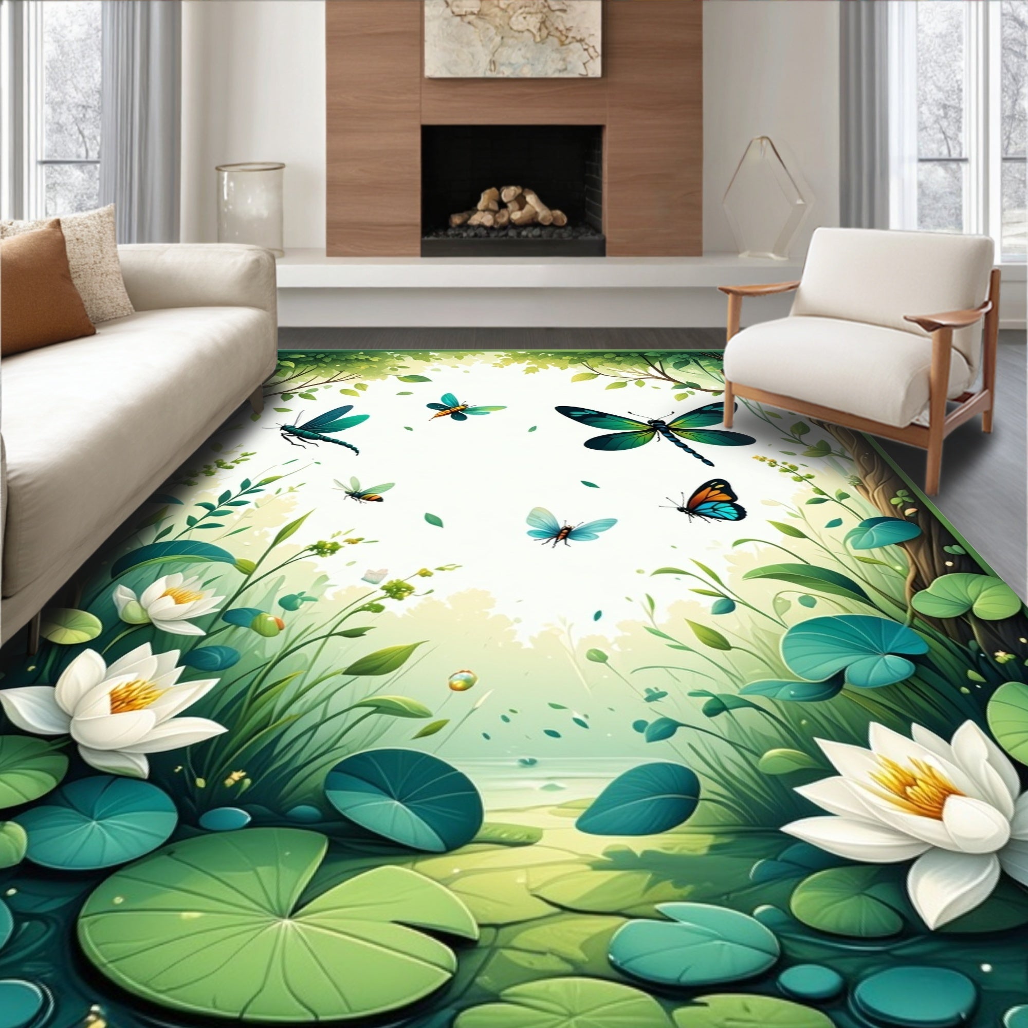 Enchanted Garden Butterflies Water Lilies Rug